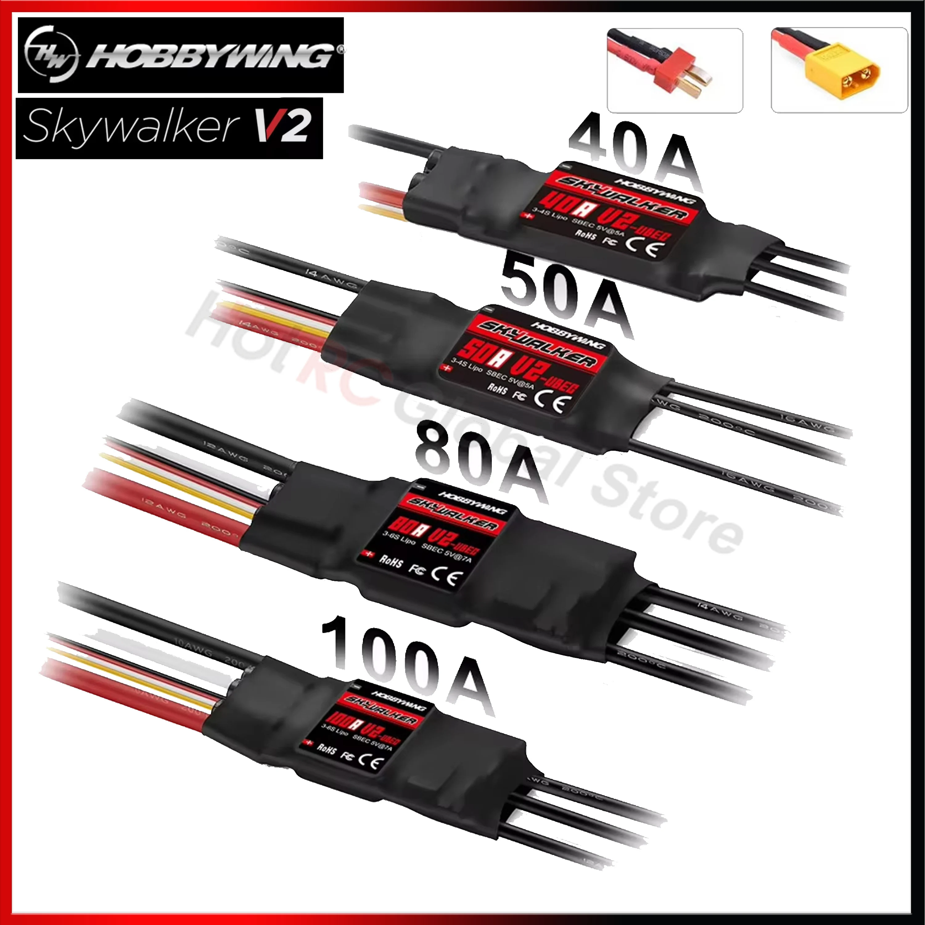 Drone Racing Motor - Hobbywing-skywalker escスピードコントローラー,rc fpvドローン,クワッドコプター飛行機,v2シリーズ,40a 50a 80a 100a,txt60プラグ用